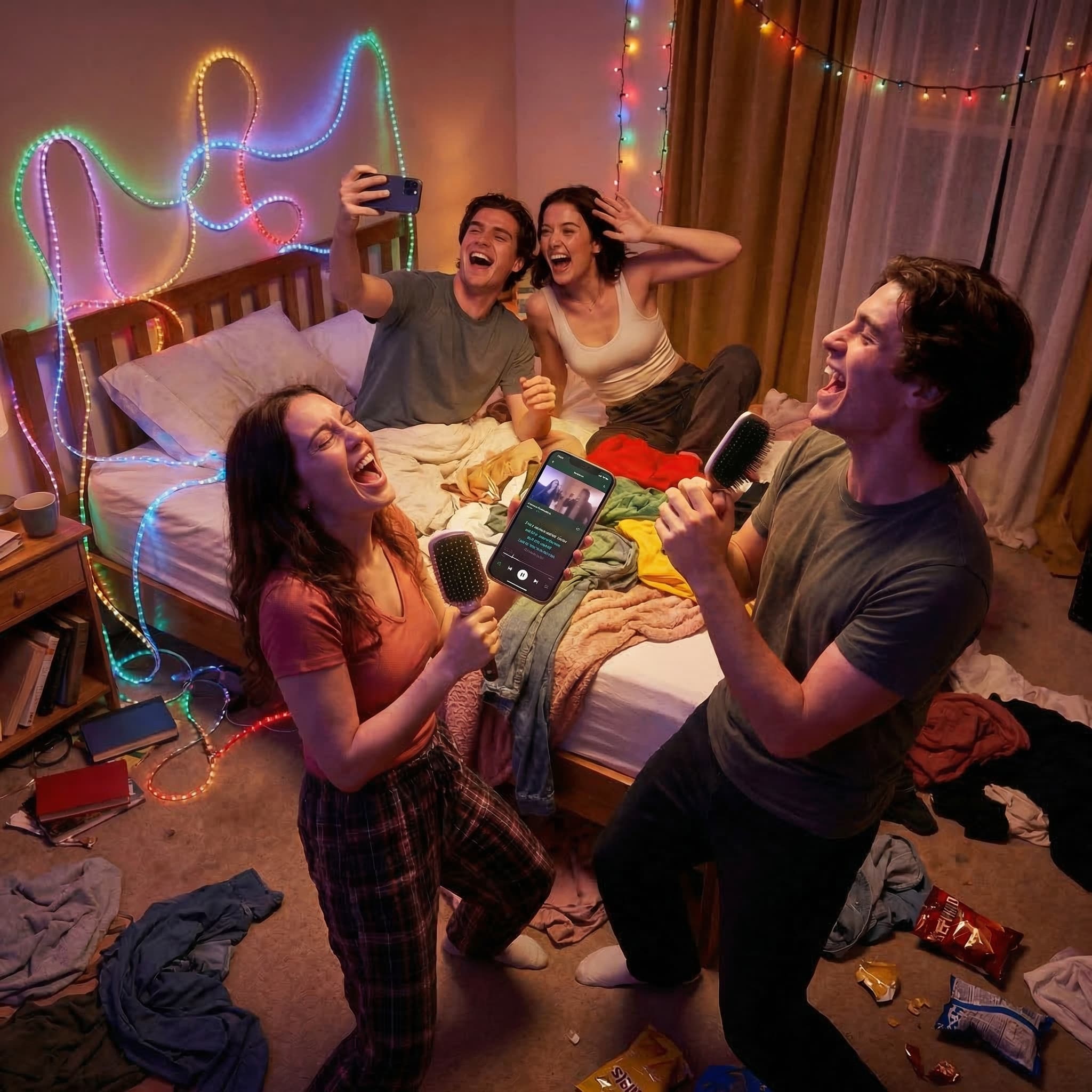 Friends singing together in a bedroom with colorful string lights.