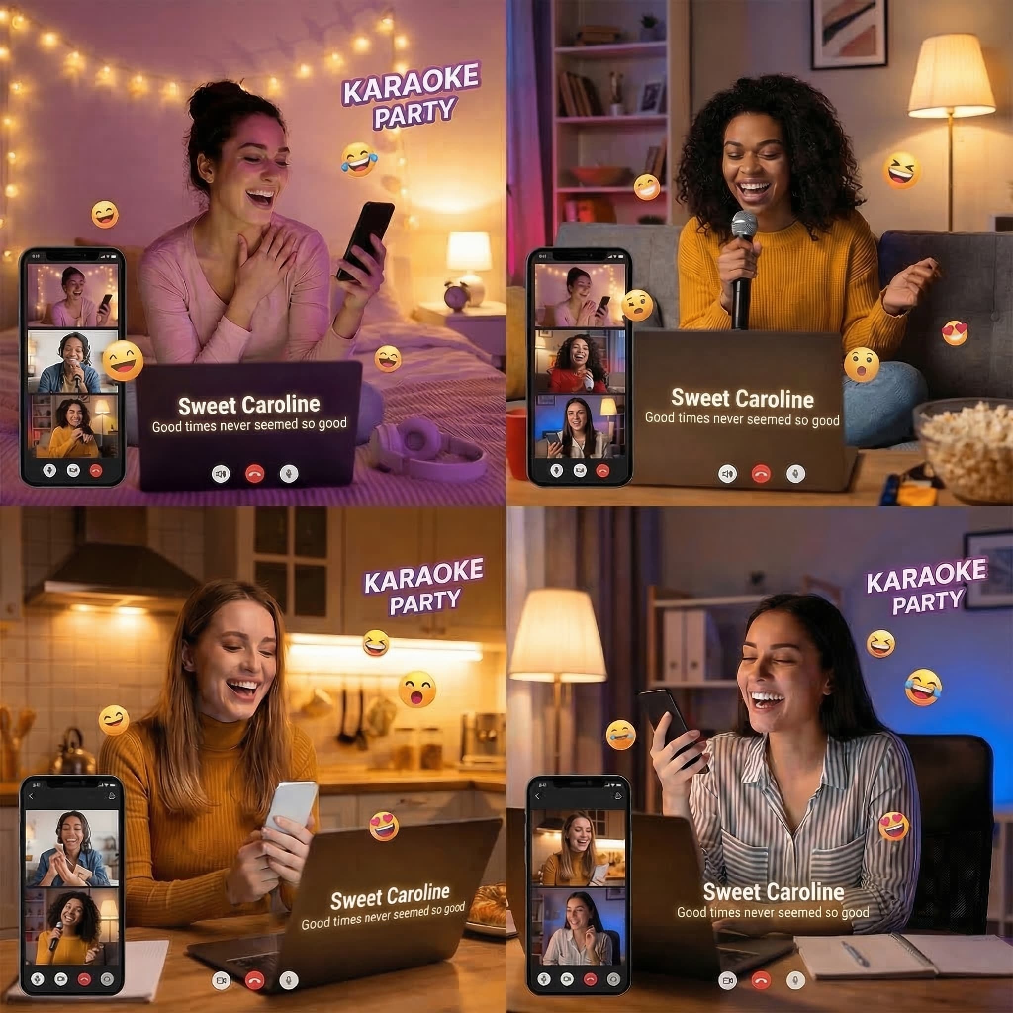 A four-panel remote karaoke party with singers joining from different rooms.