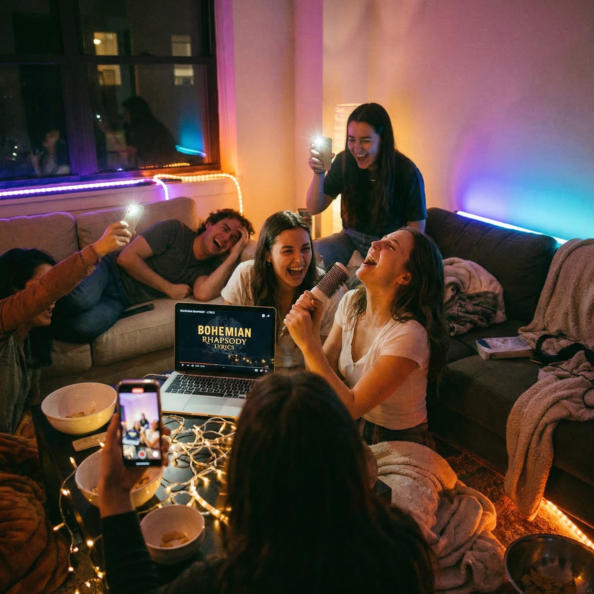 Friends laughing and singing karaoke around a laptop during a house party.